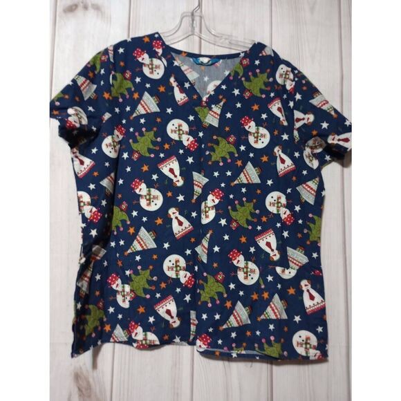 Scrub Wear Scrub Top Ladies Extra Large Navy Christmas Tree Snowman - Picture 1 of 8